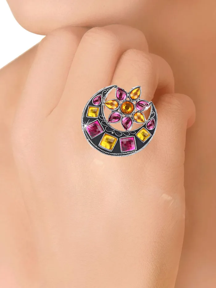 Earrings Yellow Chimes Oxidized Silver Traditional Earrings Adjustable Ring Combo for Women and Girls Pink Yellow Chimes