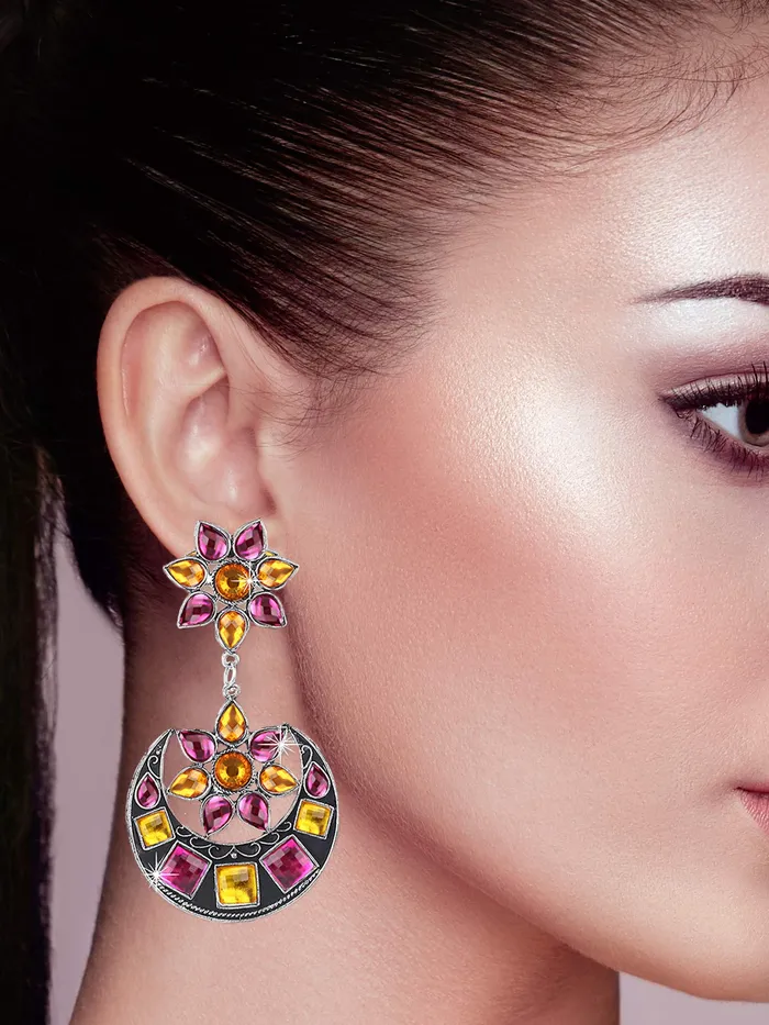 Earrings Yellow Chimes Oxidized Silver Traditional Earrings Adjustable Ring Combo for Women and Girls Pink Yellow Chimes