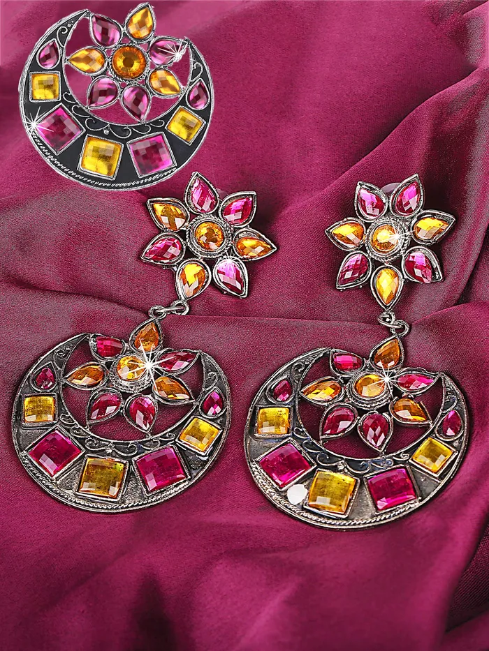 Earrings Yellow Chimes Oxidized Silver Traditional Earrings Adjustable Ring Combo for Women and Girls Pink Yellow Chimes