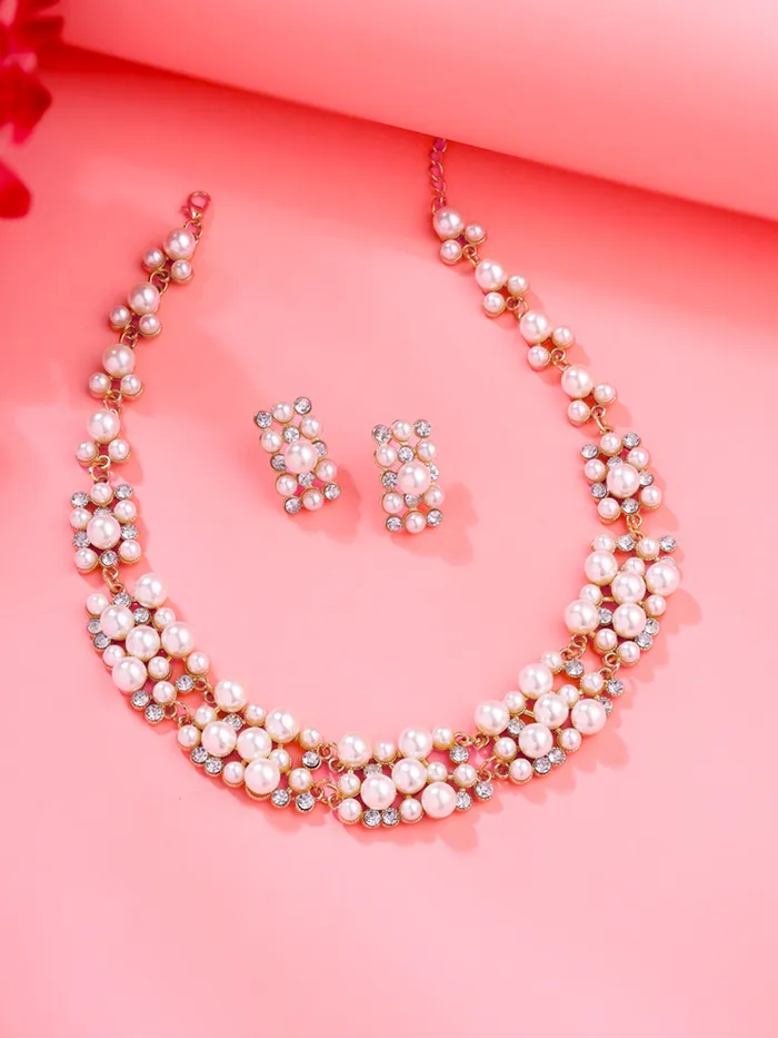 Earrings Yellow Chimes Yellow Chimes Womens Pearl Necklace Set with Earrings Rose Gold Choker Copper Jewellery Set Rose Gold White YCFJNS216PRLRG