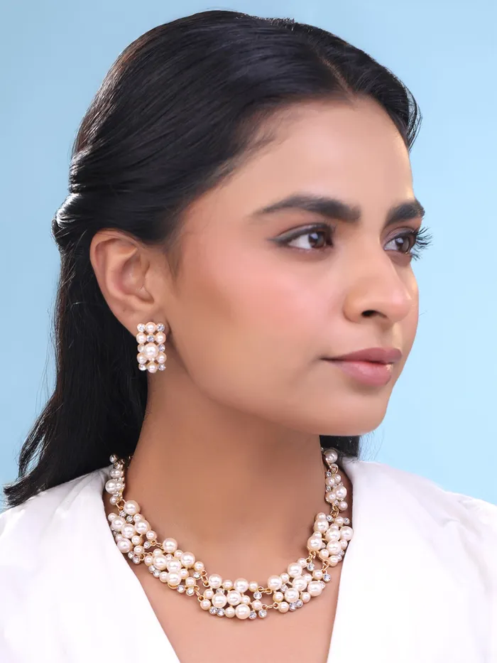 Earrings Yellow Chimes Yellow Chimes Womens Pearl Necklace Set with Earrings Rose Gold Choker Copper Jewellery Set Rose Gold White YCFJNS216PRLRG