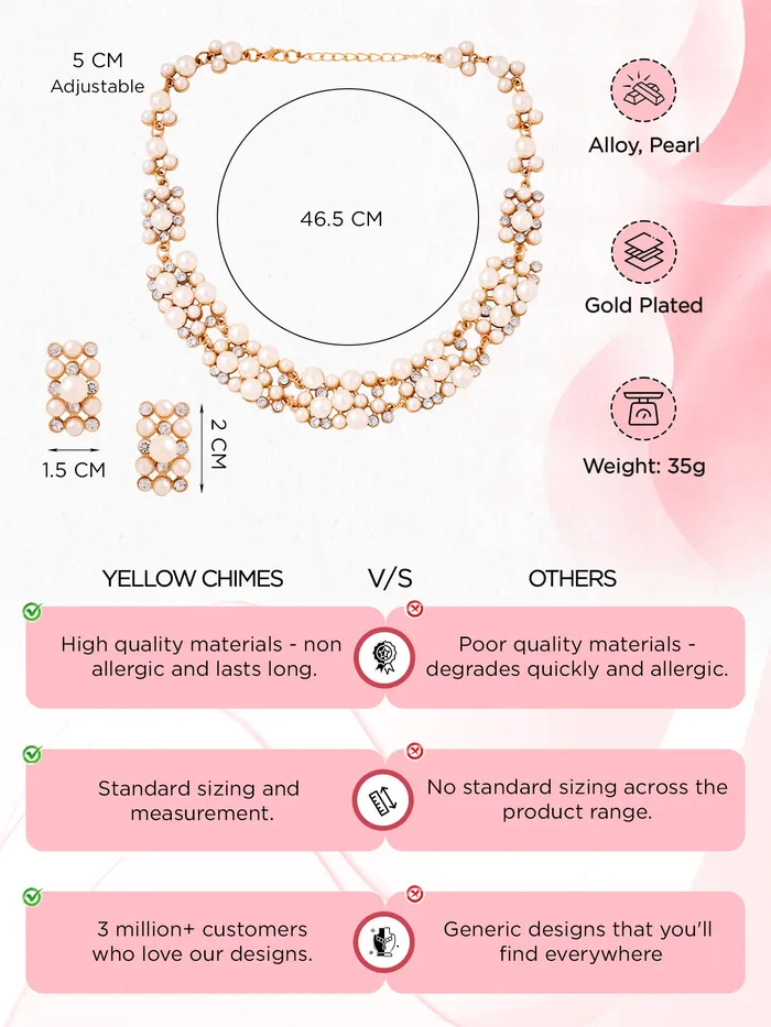 Earrings Yellow Chimes Yellow Chimes Womens Pearl Necklace Set with Earrings Rose Gold Choker Copper Jewellery Set Rose Gold White YCFJNS216PRLRG