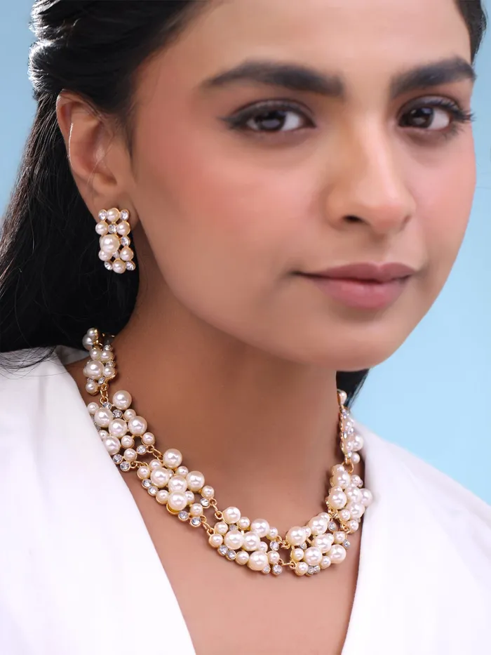 Earrings Yellow Chimes Yellow Chimes Womens Pearl Necklace Set with Earrings Rose Gold Choker Copper Jewellery Set Rose Gold White YCFJNS216PRLRG