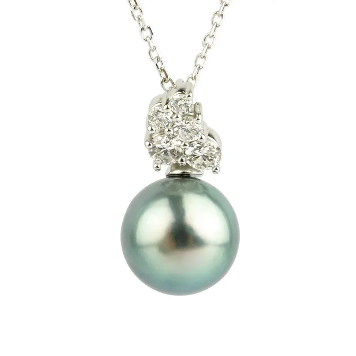 Kamoka Pearl Necklaces Silvery Blue Tahitian Pearl Diamond Asteria Pendant or Necklace on 14K White Gold