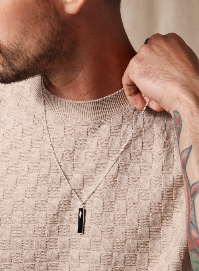 Necklaces 925 Sterling Silver Black Onyx Long Bar Chain Necklace WE ARE ALL SMITH Mens Jewelry Clothing