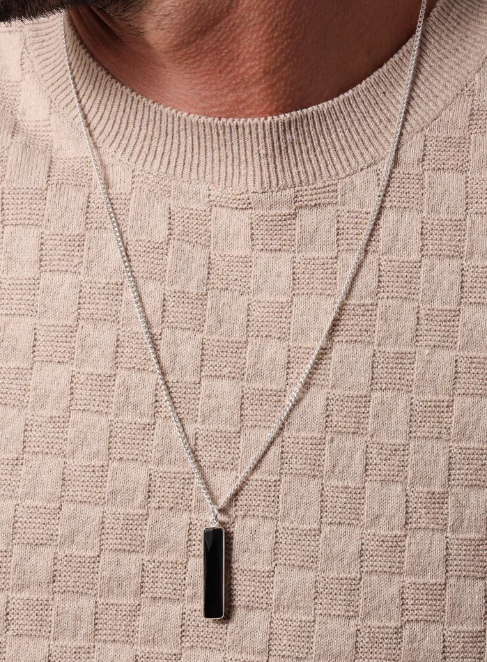 Necklaces 925 Sterling Silver Black Onyx Long Bar Chain Necklace WE ARE ALL SMITH Mens Jewelry Clothing