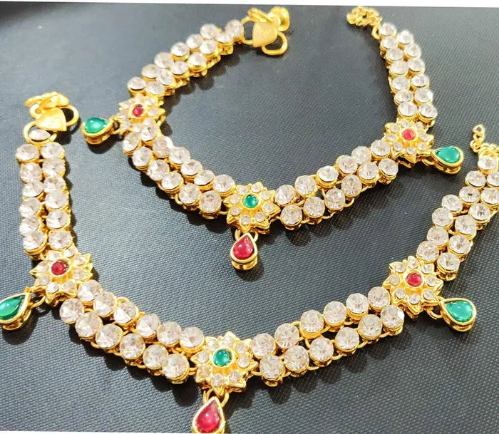 Necklaces Yellow Chimes Traditional Floral Crystal Gold Plated Payal Anklets for Women and Girls Yellow Chimes