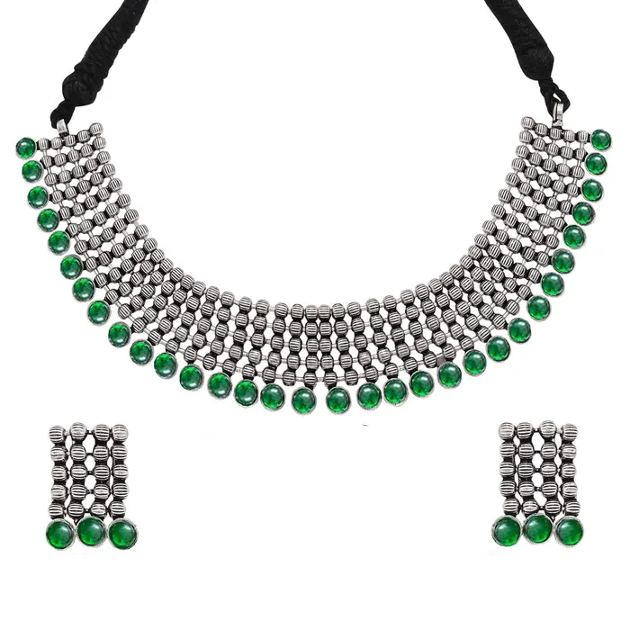 Necklaces Yellow Chimes Yellow Chimes Classic German Silver Oxidised Jewellery Set Designer HandCrafted Traditional Choker Necklace Set for Women Girls Green Necklaces Yellow Chimes Yellow Chimes Classic German Silver Oxidised Jewellery Set Designer HandCrafted Traditional Choker Necklace Set for Women Girls Green