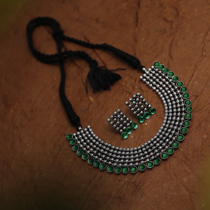 Necklaces Yellow Chimes Yellow Chimes Classic German Silver Oxidised Jewellery Set Designer HandCrafted Traditional Choker Necklace Set for Women Girls Green