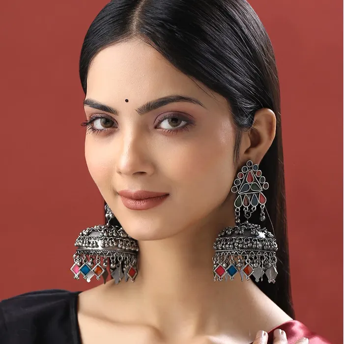 Necklaces Yellow Chimes Yellow Chimes Earrings for Women and Girls Traditional Silver Oxidised Jhumka Earrings German Silver Big Jhumki Earrings Birthday Gift For girls and women Anniversary Gift for Wife
