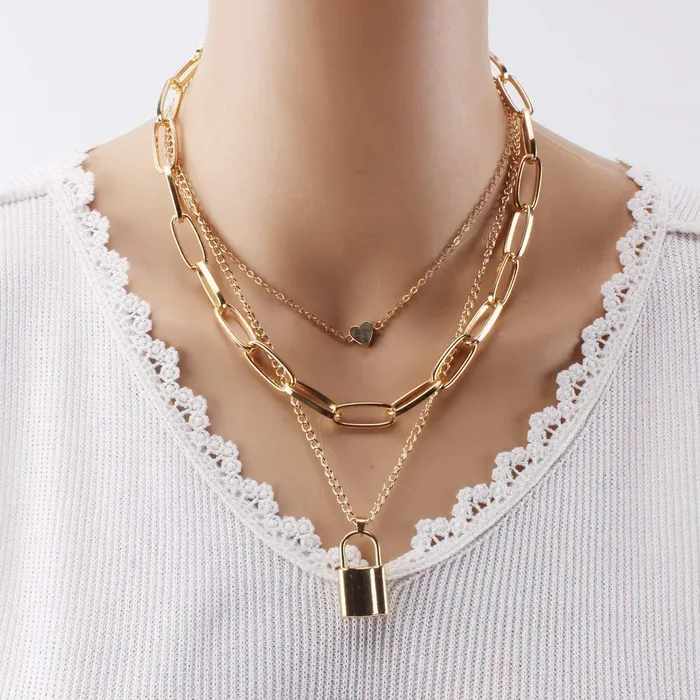 Rings Yellow Chimes Layered Necklace for Women Chain Choker Necklace GoldPlated Western Key Heat Locket Multi layered Chain Necklace for Women and Girls Yellow Chimes