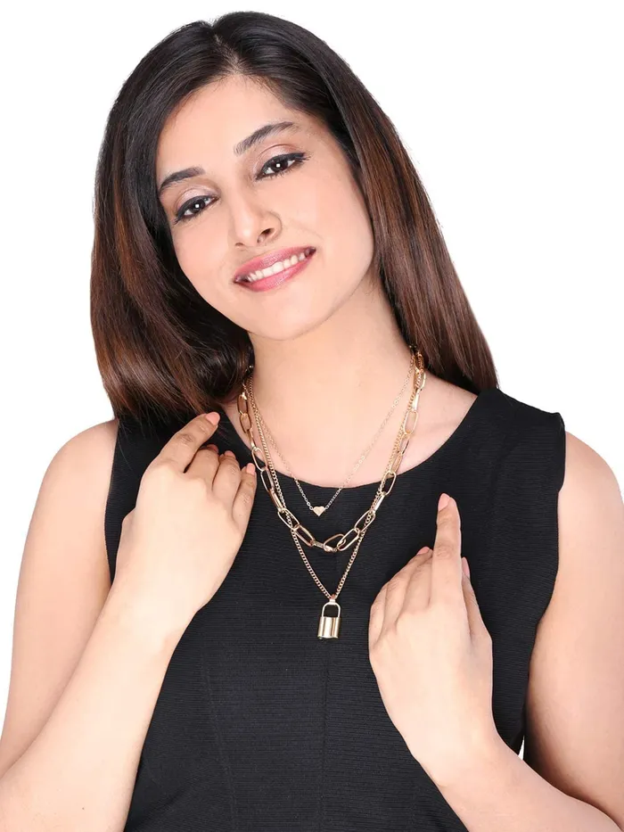 Rings Yellow Chimes Layered Necklace for Women Chain Choker Necklace GoldPlated Western Key Heat Locket Multi layered Chain Necklace for Women and Girls Yellow Chimes