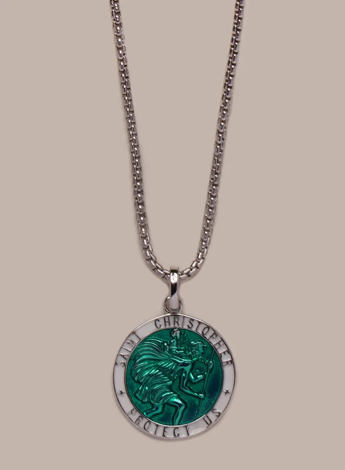 Sterling Silver Emerald Green Enamel Saint Christopher Medal Necklace for Men WE ARE ALL SMITH Mens Jewelry Clothing Necklaces