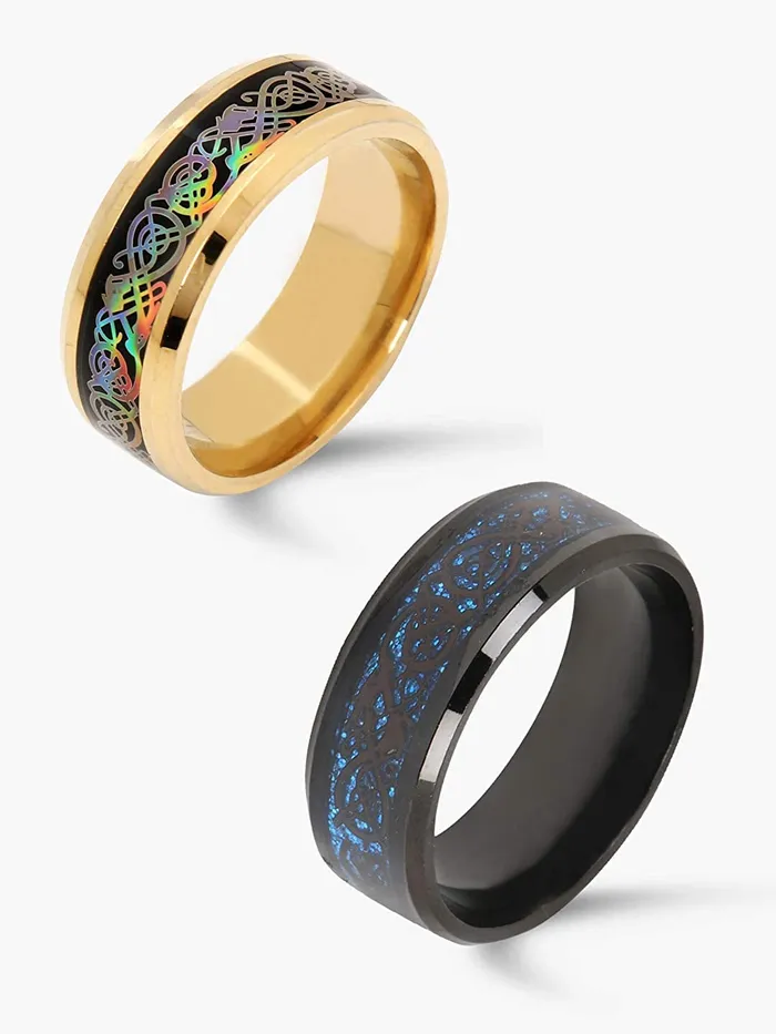 Yellow Chimes 2 Pcs Combo Dragon Celtic Inlay Polish Finish Titanium Steel GoldBlue Rings for Men Boys Yellow Chimes Rings