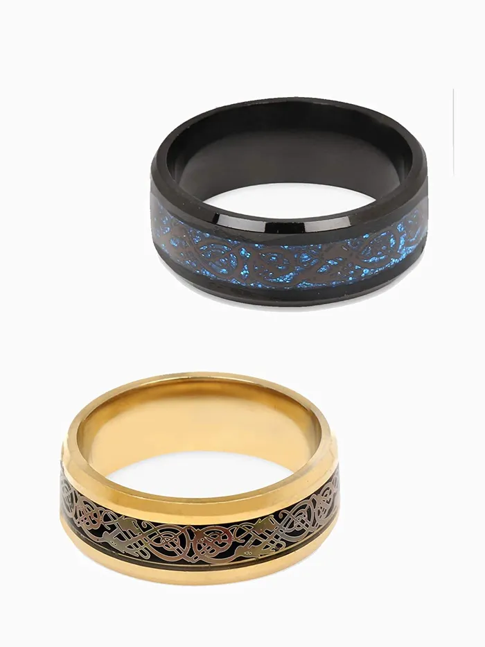 Yellow Chimes 2 Pcs Combo Dragon Celtic Inlay Polish Finish Titanium Steel GoldBlue Rings for Men Boys Yellow Chimes Rings