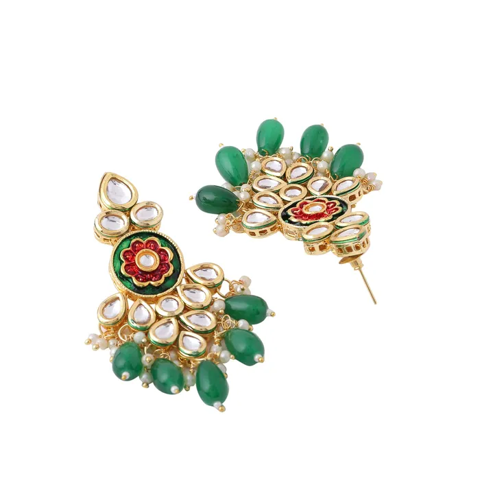 Yellow Chimes Earrings Yellow Chimes Jewellery Set for Women and Girls Kundans Necklace Set Gold Plated Kundan Choker Green Beads Drop Necklace Set Birthday Gift for girls and women Anniversary Gift for Wife