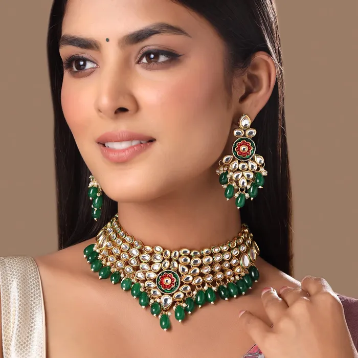 Yellow Chimes Earrings Yellow Chimes Jewellery Set for Women and Girls Kundans Necklace Set Gold Plated Kundan Choker Green Beads Drop Necklace Set Birthday Gift for girls and women Anniversary Gift for Wife