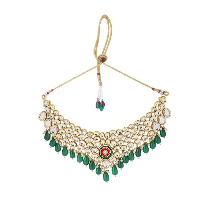 Yellow Chimes Earrings Yellow Chimes Jewellery Set for Women and Girls Kundans Necklace Set Gold Plated Kundan Choker Green Beads Drop Necklace Set Birthday Gift for girls and women Anniversary Gift for Wife