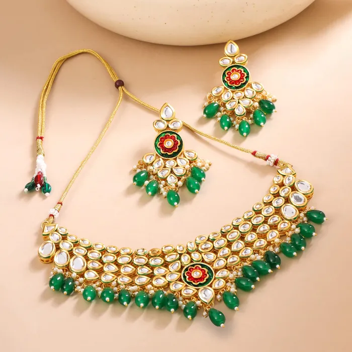 Yellow Chimes Earrings Yellow Chimes Jewellery Set for Women and Girls Kundans Necklace Set Gold Plated Kundan Choker Green Beads Drop Necklace Set Birthday Gift for girls and women Anniversary Gift for Wife