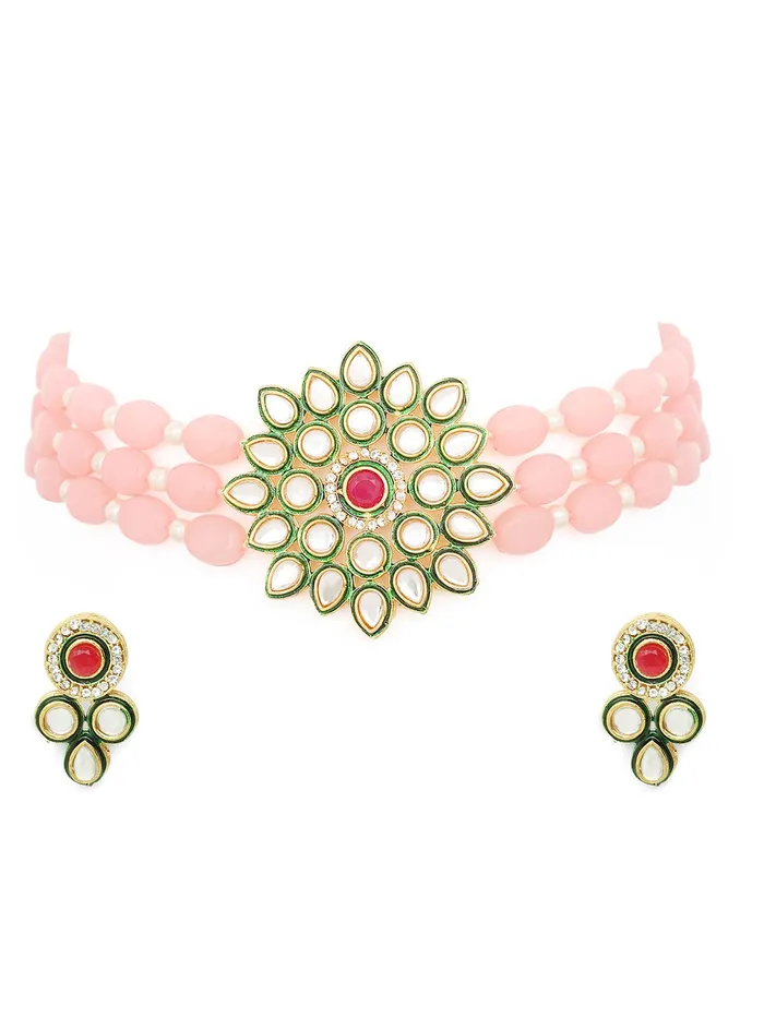 Yellow Chimes Earrings Yellow Chimes Kundan Jewellery Set for Women Pink Beads Necklace Set Gold Plated Traditional Choker Necklace Set for Women and Girls Yellow Chimes Earrings Yellow Chimes Kundan Jewellery Set for Women Pink Beads Necklace Set Gold Plated Traditional Choker Necklace Set for Women and Girls