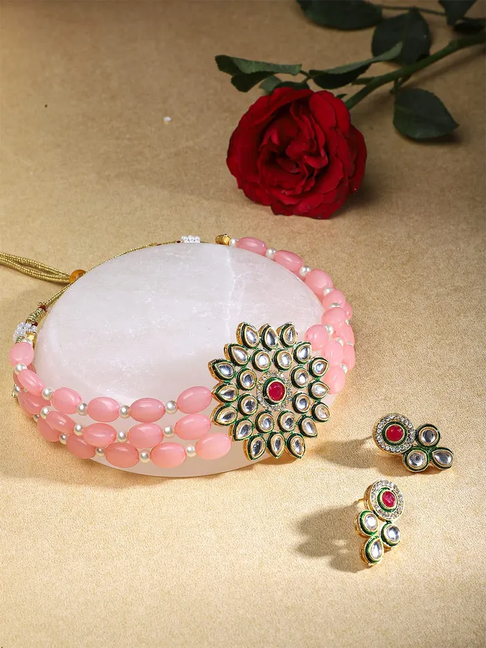 Yellow Chimes Earrings Yellow Chimes Kundan Jewellery Set for Women Pink Beads Necklace Set Gold Plated Traditional Choker Necklace Set for Women and Girls