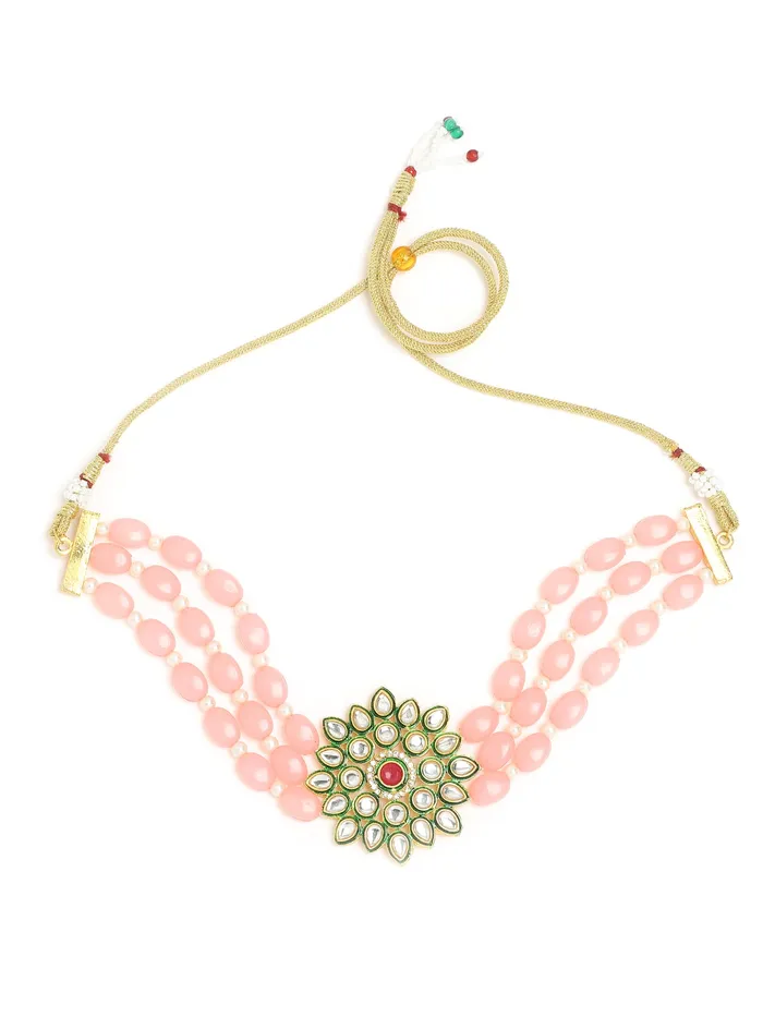 Yellow Chimes Earrings Yellow Chimes Kundan Jewellery Set for Women Pink Beads Necklace Set Gold Plated Traditional Choker Necklace Set for Women and Girls