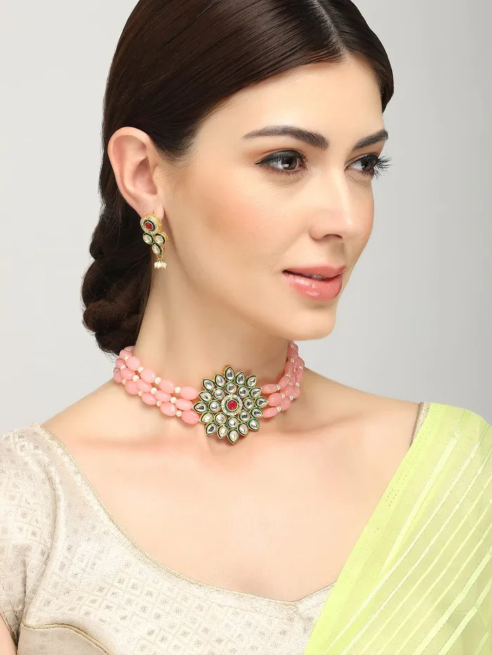 Yellow Chimes Earrings Yellow Chimes Kundan Jewellery Set for Women Pink Beads Necklace Set Gold Plated Traditional Choker Necklace Set for Women and Girls
