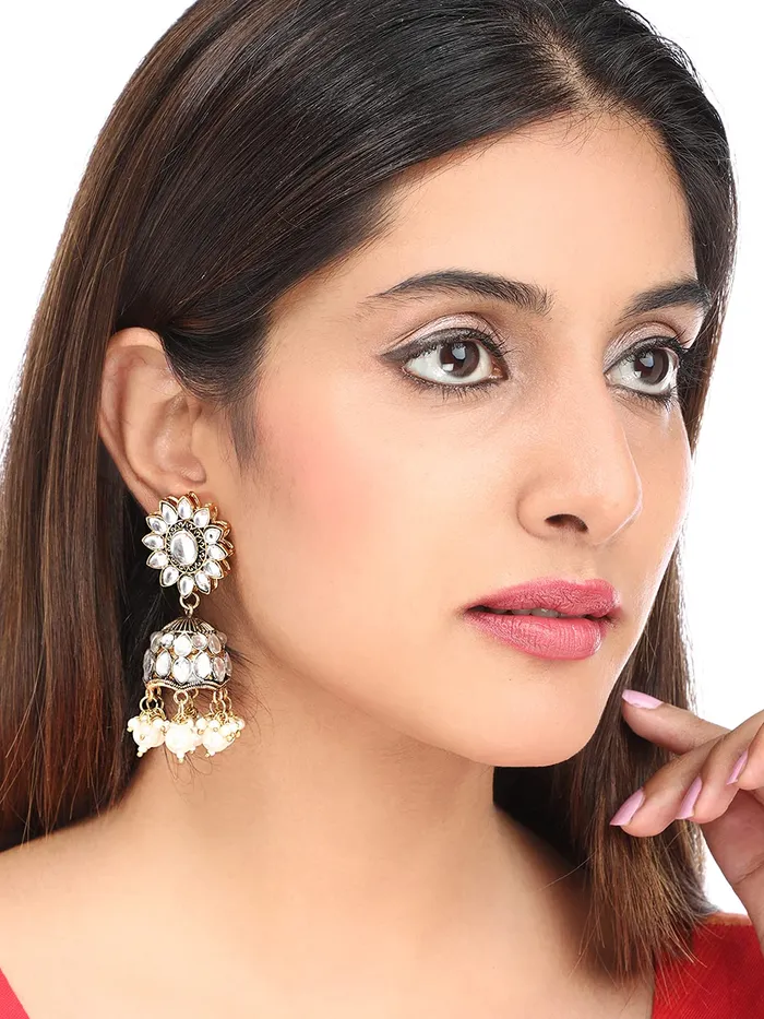 Yellow Chimes Ethnic Gold Plated Flower Design Traditional Stone White Beads Jhumka Earrings for Women and Girls Medium YCTJER88STFLWJHGL Yellow Chimes Necklaces