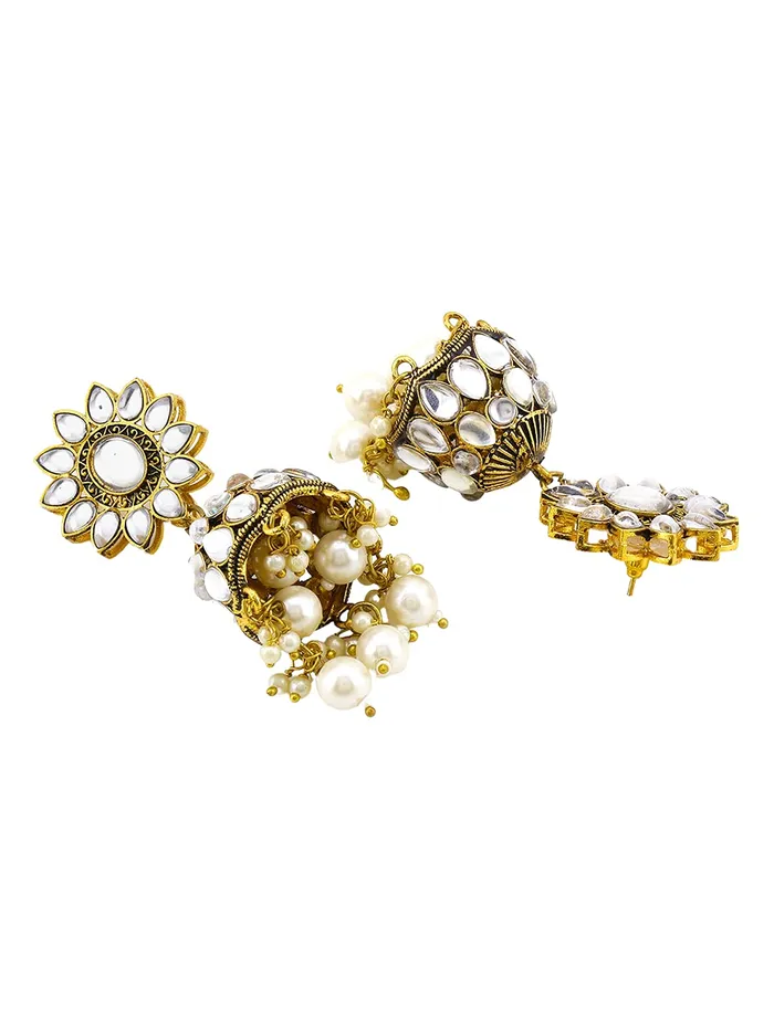 Yellow Chimes Ethnic Gold Plated Flower Design Traditional Stone White Beads Jhumka Earrings for Women and Girls Medium YCTJER88STFLWJHGL Yellow Chimes Necklaces
