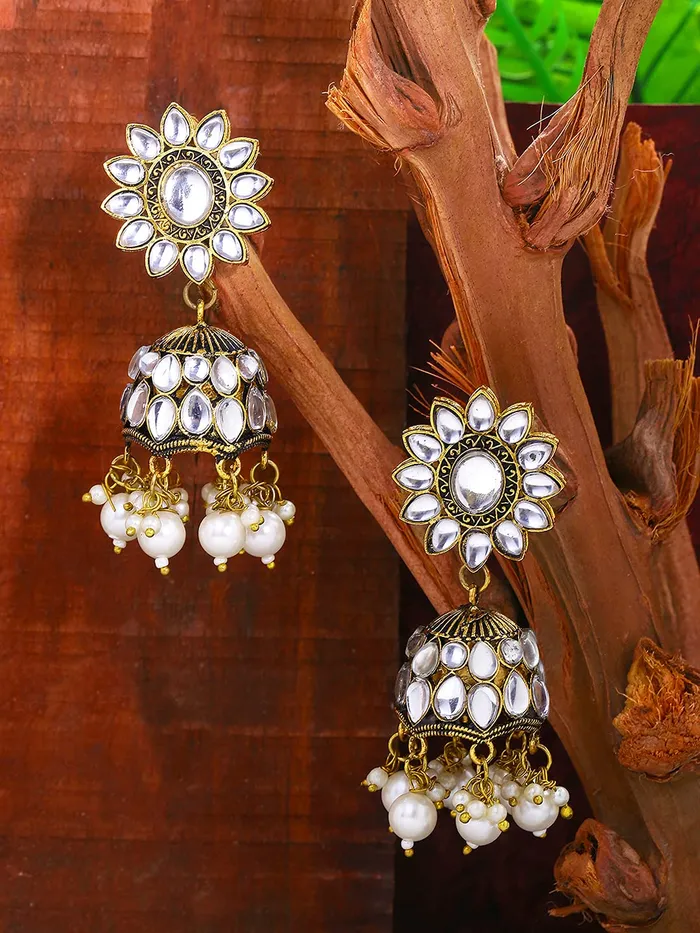 Yellow Chimes Ethnic Gold Plated Flower Design Traditional Stone White Beads Jhumka Earrings for Women and Girls Medium YCTJER88STFLWJHGL Yellow Chimes Necklaces