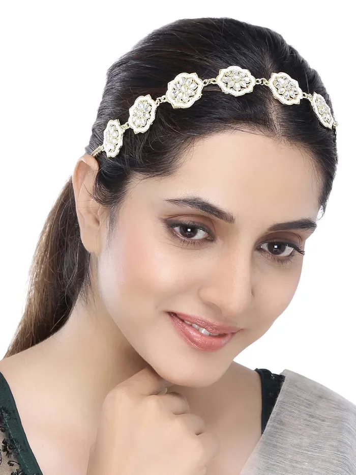 Yellow Chimes Head Chain for Women Traditional Headband Gold Plated Kundan Studded Hairband Matha patti Jewellery Necklace for women and Girls Yellow Chimes Earrings
