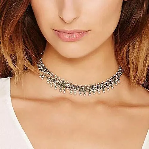 Yellow Chimes Necklaces Yellow Chimes Oxidised Choker Necklace for Women Vintage Silver Oxidised Plated Modern Style Choker Necklace for Women and Girls