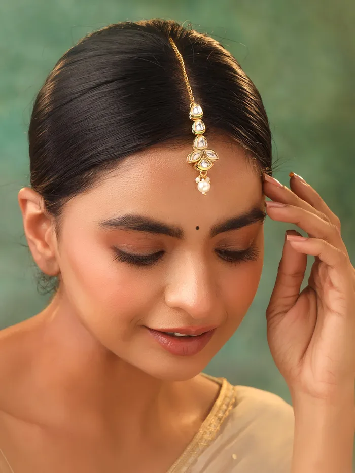 Yellow Chimes Rings Yellow Chimes Maangtikka for Women Gold Toned Kundan Studded Floral Designed White Beads Drop Maangtikka for Women and Girls