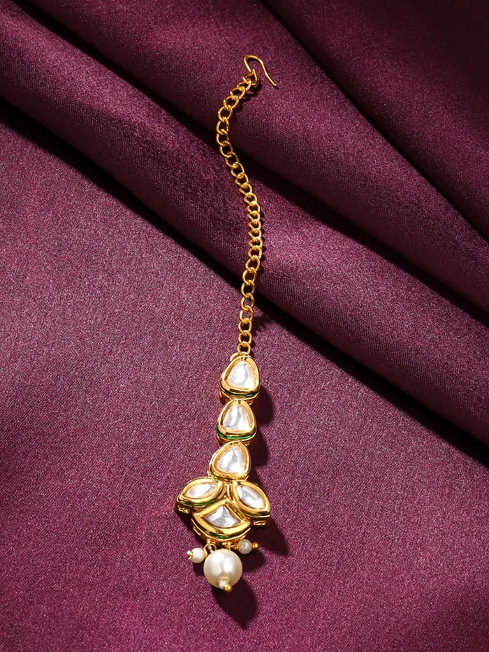 Yellow Chimes Rings Yellow Chimes Maangtikka for Women Gold Toned Kundan Studded Floral Designed White Beads Drop Maangtikka for Women and Girls