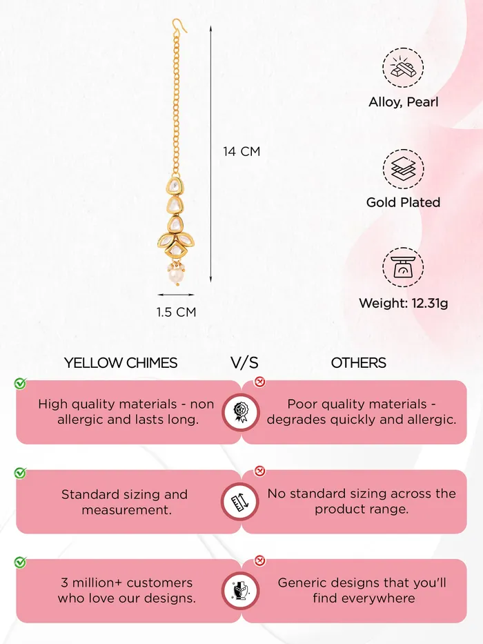 Yellow Chimes Rings Yellow Chimes Maangtikka for Women Gold Toned Kundan Studded Floral Designed White Beads Drop Maangtikka for Women and Girls