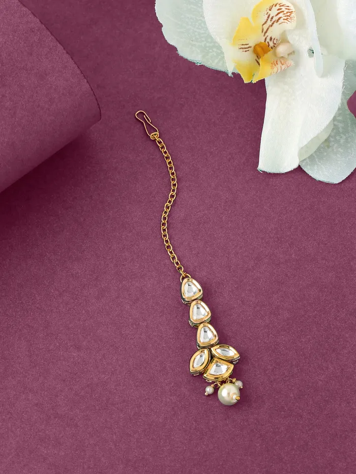 Yellow Chimes Rings Yellow Chimes Maangtikka for Women Gold Toned Kundan Studded Floral Designed White Beads Drop Maangtikka for Women and Girls