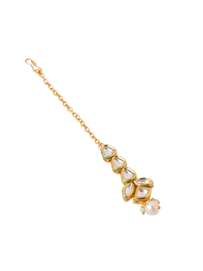 Yellow Chimes Rings Yellow Chimes Maangtikka for Women Gold Toned Kundan Studded Floral Designed White Beads Drop Maangtikka for Women and Girls