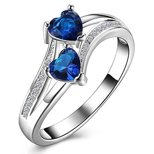 Yellow Chimes Rings Yellow Chimes Rings for Women Valentines Gift Set of Dual Heart Blue and White Stoned Silver Plated Crystal Ring in Red Velvet Rose Ring Box for Women and Girls
