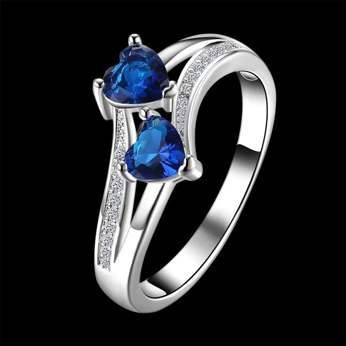 Yellow Chimes Rings Yellow Chimes Rings for Women Valentines Gift Set of Dual Heart Blue and White Stoned Silver Plated Crystal Ring in Red Velvet Rose Ring Box for Women and Girls