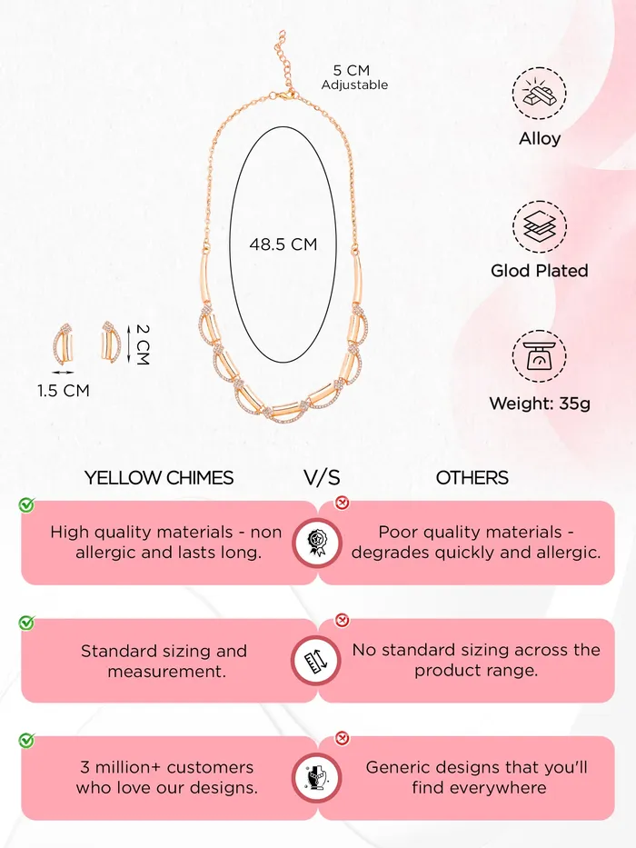 Yellow Chimes Yellow Chimes Necklace Set for Women White Stone Necklace Set A5 Crystal Jewellery Set for Women Luxe Layers Rose Gold Plated Necklace Set Birthday Anniversary Gift for Women Wife Necklaces
