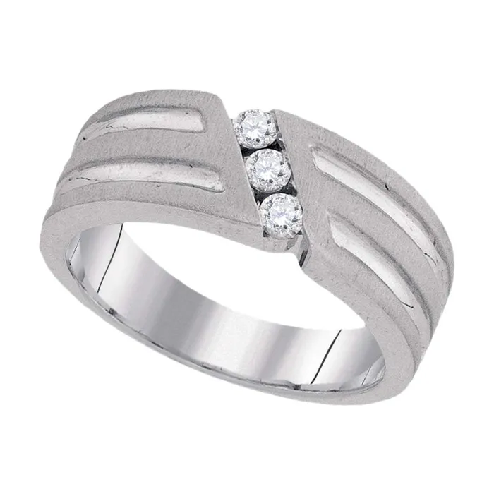 10kt White Gold Mens Round 3Stone Diamond Textured Groove Wedding Band 14 Cttw mayamila Rings 10kt White Gold Mens Round 3Stone Diamond Textured Groove Wedding Band 14 Cttw mayamila Rings