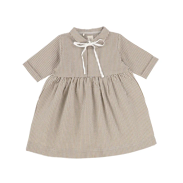 Analogie Rings Analogie Gingham Dress Three Quarter Sleeve Caramel