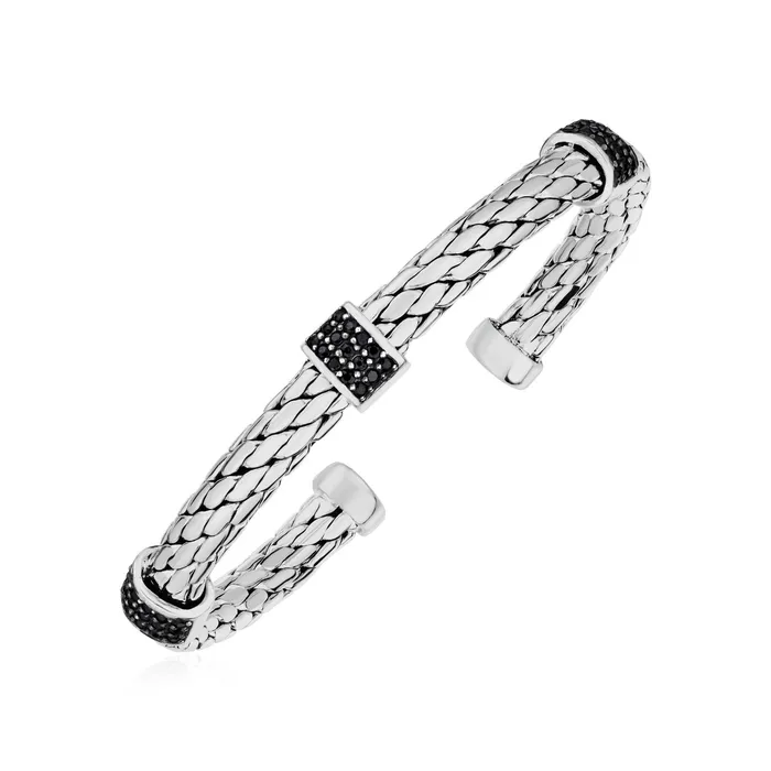 Bracelets MayaMila Woven Rope Cuff Bangle with Black Sapphire Accents in Sterling Silver Bracelets MayaMila Woven Rope Cuff Bangle with Black Sapphire Accents in Sterling Silver
