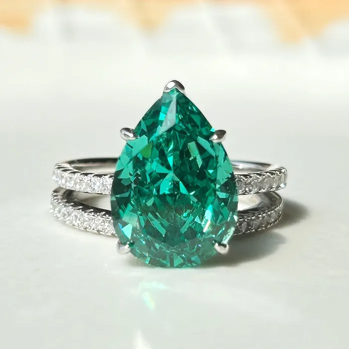 Carly Jewelry Rings 2 Pcs Exquisite Green Pear Cut Sterling Silver Bridal Set Carly Jewelry Rings 2 Pcs Exquisite Green Pear Cut Sterling Silver Bridal Set