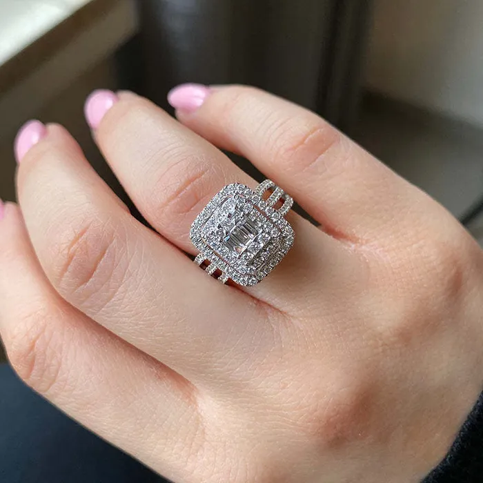 Double Halo Three Shank Emerald Cut Sterling Silver Engagement Ring Shineofdiamond Rings Double Halo Three Shank Emerald Cut Sterling Silver Engagement Ring Shineofdiamond Rings