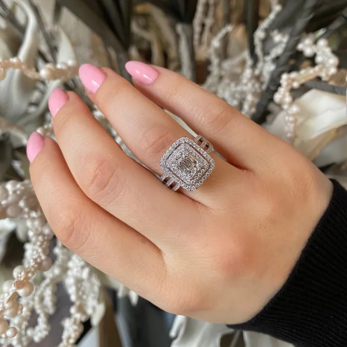 Double Halo Three Shank Emerald Cut Sterling Silver Engagement Ring Shineofdiamond Rings