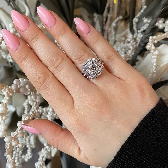 Double Halo Three Shank Emerald Cut Sterling Silver Engagement Ring Shineofdiamond Rings