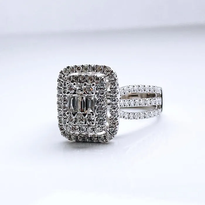 Double Halo Three Shank Emerald Cut Sterling Silver Engagement Ring Shineofdiamond Rings
