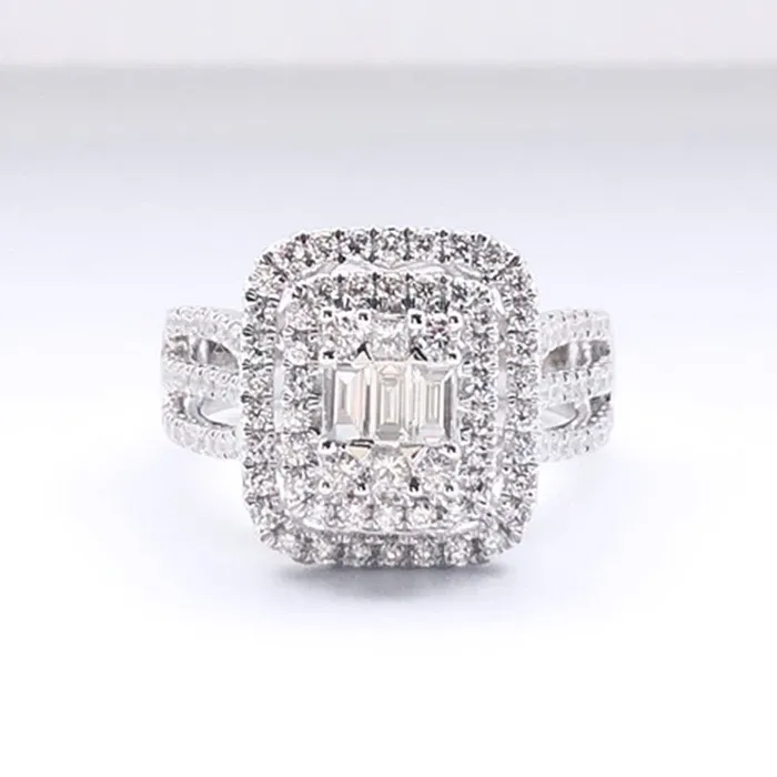 Double Halo Three Shank Emerald Cut Sterling Silver Engagement Ring Shineofdiamond Rings