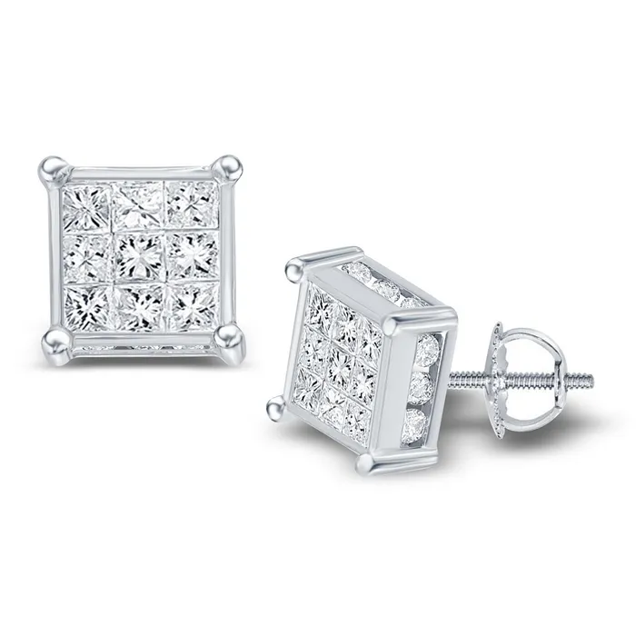 Earrings mayamila 14kt White Gold Womens Princess Diamond Cluster Stud Earrings 12 Cttw Earrings mayamila 14kt White Gold Womens Princess Diamond Cluster Stud Earrings 12 Cttw
